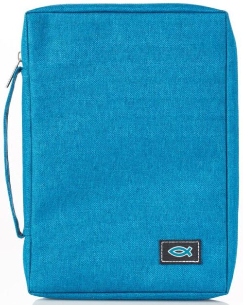 6006937139572 Teal Canvas Bible Cover for Men and Women with Jesus Fish Symbol Applique