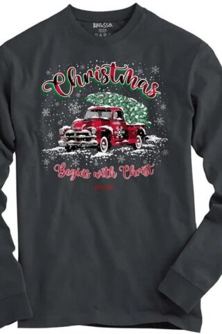 612978635445 Kerusso Christmas Tree Truck Christmas Begins With Christ (XL T-Shirt)