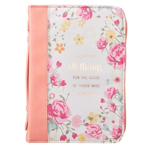 1220000131804 Peach Faux Leather Bible Cover for Women  He Works All Things  Romans 8:28  Zi"