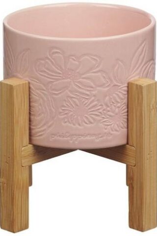 1220000327597 Pink Ceramic Table Top Planter Pot & Removable Bamboo Wood Stand for Women