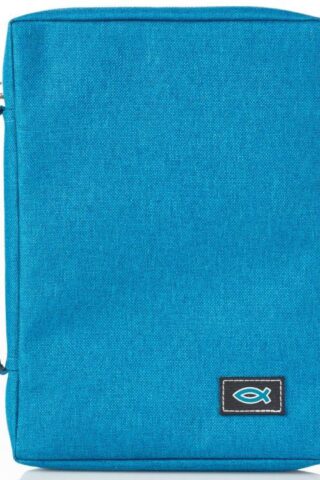 6006937139633 Teal Canvas Bible Cover for Men and Women with Jesus Fish Symbol Applique