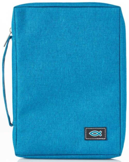 6006937139633 Teal Canvas Bible Cover for Men and Women with Jesus Fish Symbol Applique