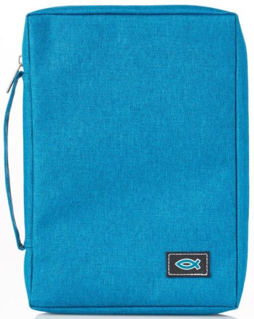 6006937139695 Teal Canvas Bible Cover for Men and Women with Jesus Fish Symbol Applique