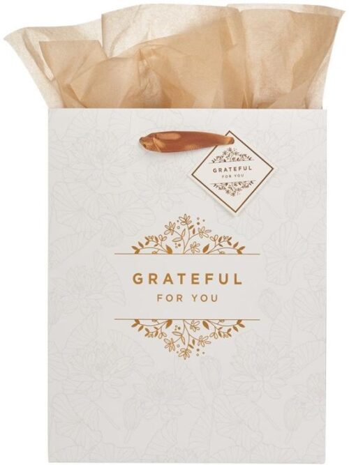 1220000139459 Men and Women White/Gold Gift Bag Set with Card: Grateful for You
