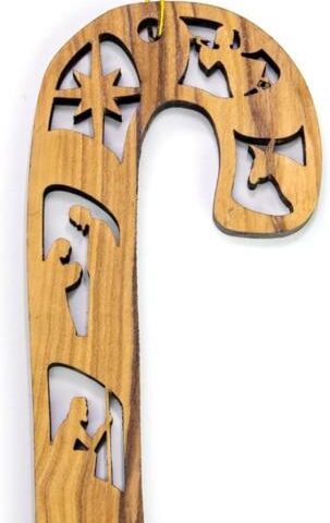 782860487985 2D Candy Cane Olive Wood Nativity Shepherds And Angels (Ornament)