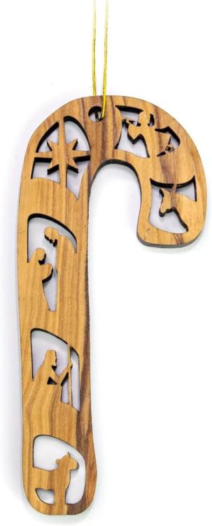782860487985 2D Candy Cane Olive Wood Nativity Shepherds And Angels (Ornament)