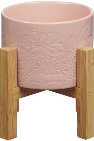 1220000327597 Pink Ceramic Table Top Planter Pot & Removable Bamboo Wood Stand for Women
