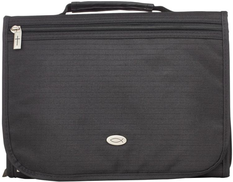 6006937070615 Jesus Fish Badge Black Canvas Bible Cover for Men and Women Medium Zippered Tri