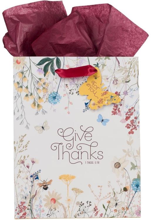 6006937153981 Women's Portrait Gift Bag & Tissue Paper Set w/Scripture: Give Thanks - 1 Thessa