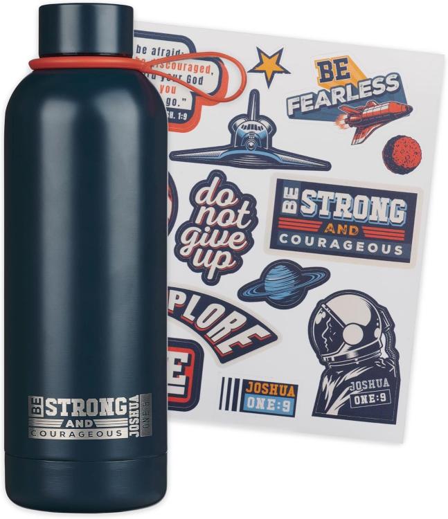 6006937170346 Strong And Courageous Blue Stainless Steel Water Bottle Joshua 1:9